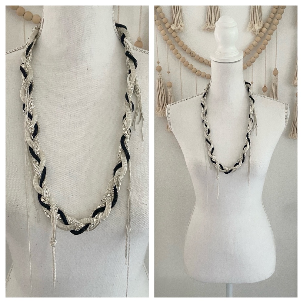 Silver black mesh braided necklace draped chain jewelry going out party vibes